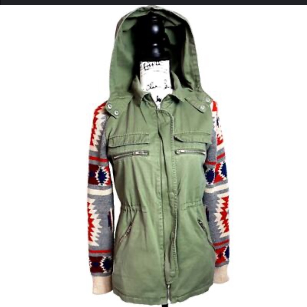 Thread & Supply jacket - green hooded anorak w/southwest print knit sleeves